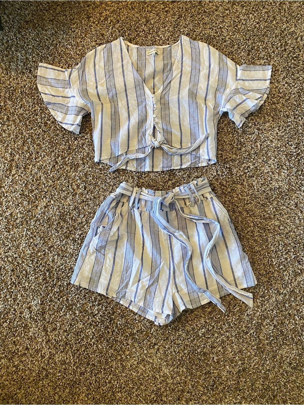 Moon River Blue and White Striped Paperbag Waist Shorts and top